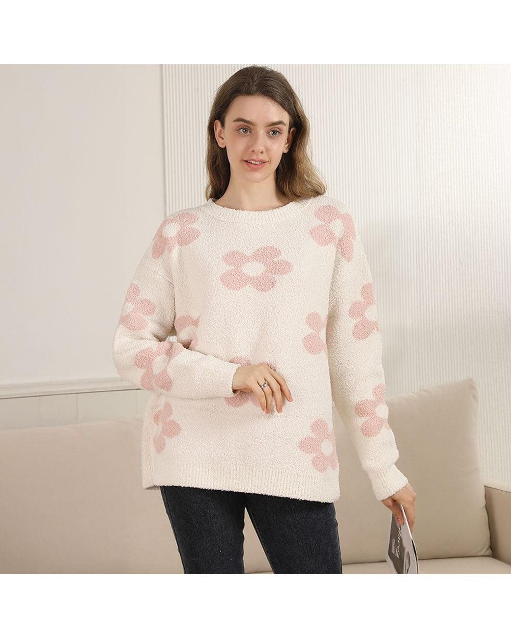 TRUEDAMES Natural Cozy Daisy Pattern Crew Neck Sweater