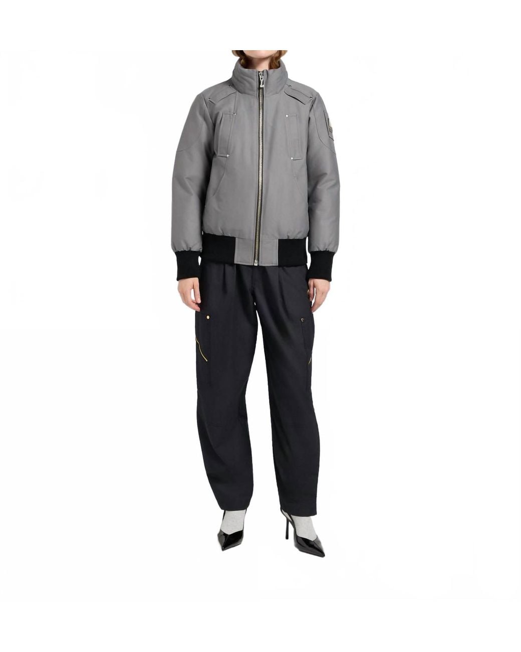 Moose Knuckles Gray Debbie Shearling Trim Bomber Jacket