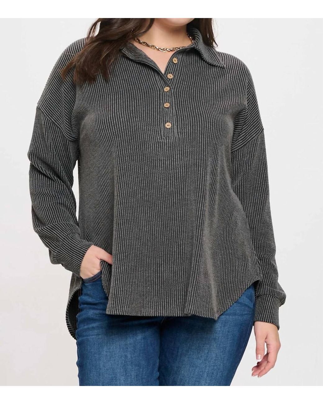 Blu Pepper Gray Pinstripe Collared Half Button Knit Top