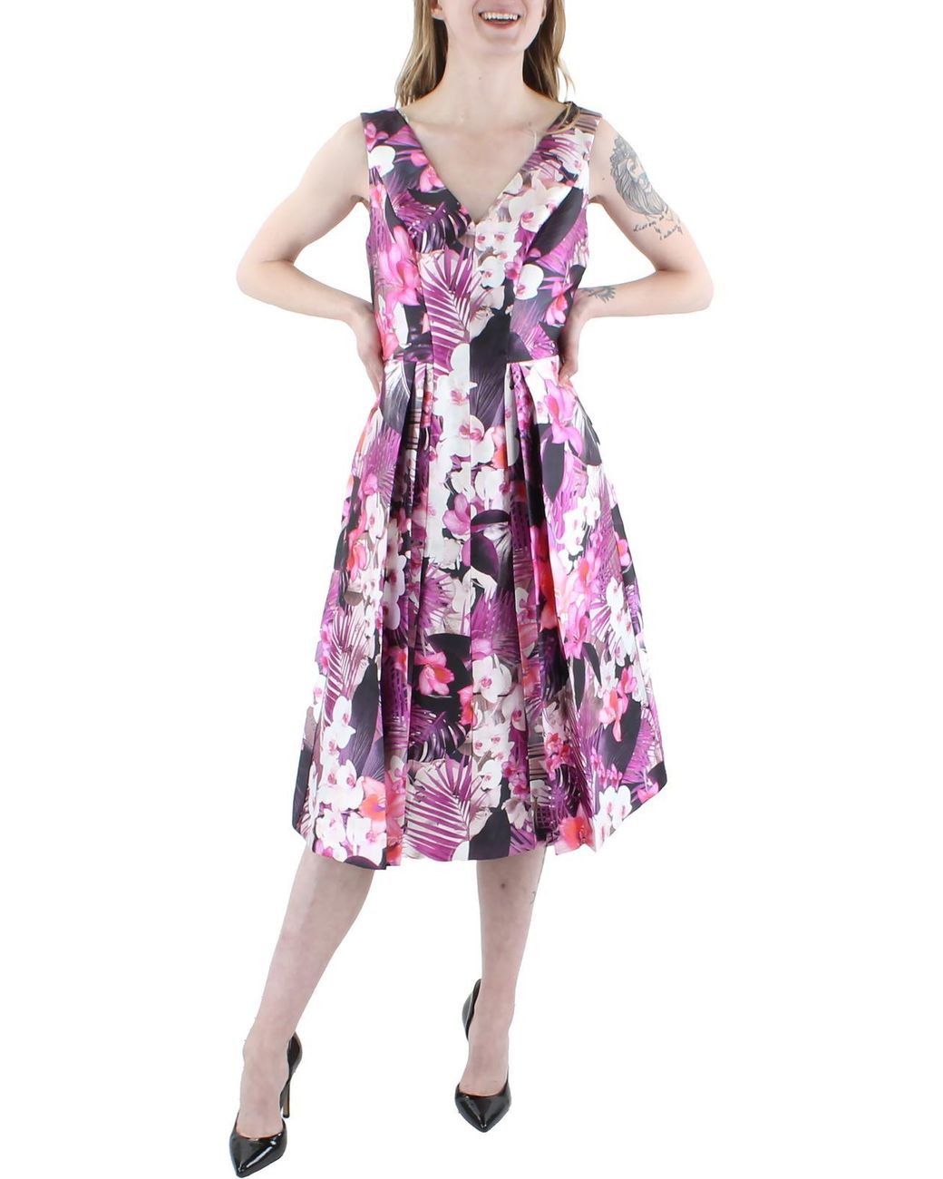 Kay Unger Floral Pleated Cocktail And Party Dress in Purple Lyst