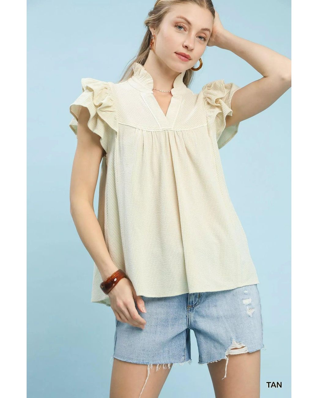 Txtrd Ruffle Top TRUEDAMES Ruffled Sleeve Textured Blouse in Blue | Lyst