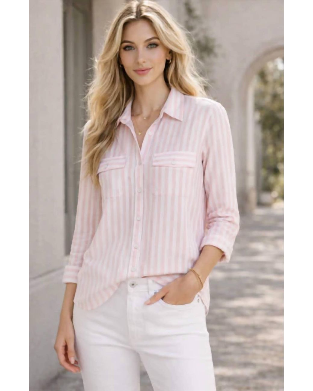 Beach Lunch Lounge Pink Classic Striped Button Down Top