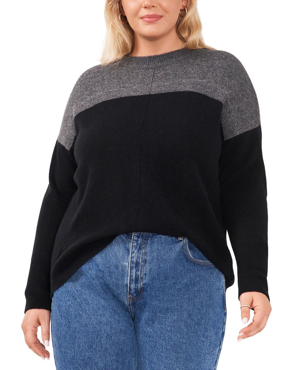 Vince Camuto Plus Knit Colorblock Crewneck Sweater in Black | Lyst