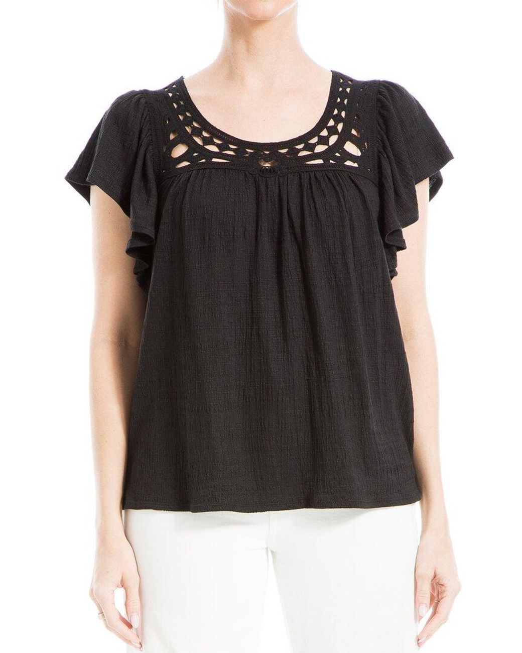 Max Studio Black Flutter Sleeve Embroidered Top
