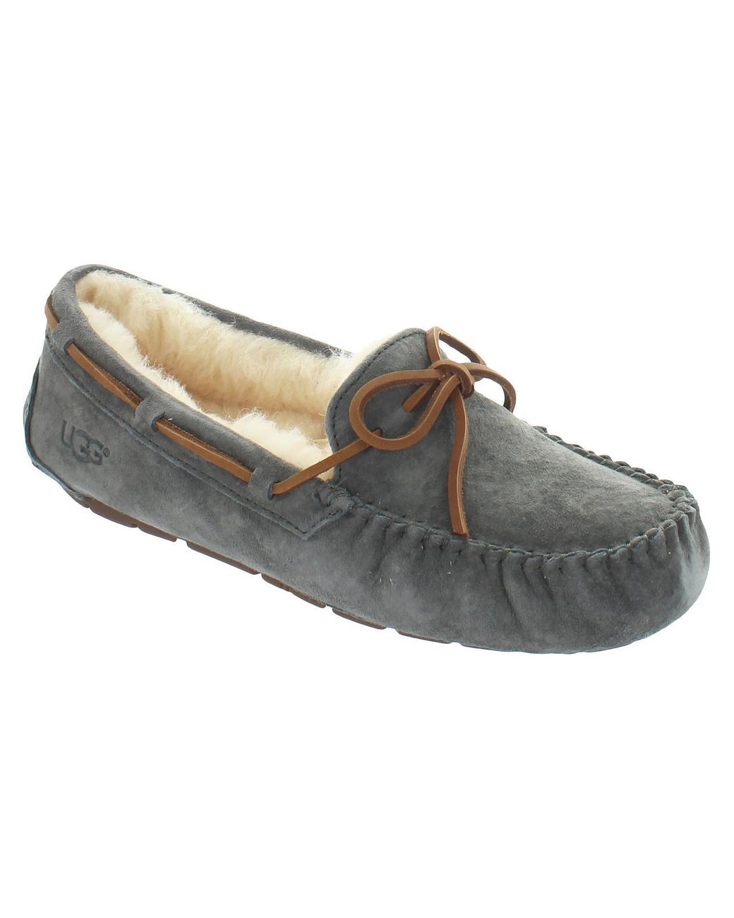 UGG Dakota Suede Sheepskin Lined Moccasin Slippers in Gray | Lyst