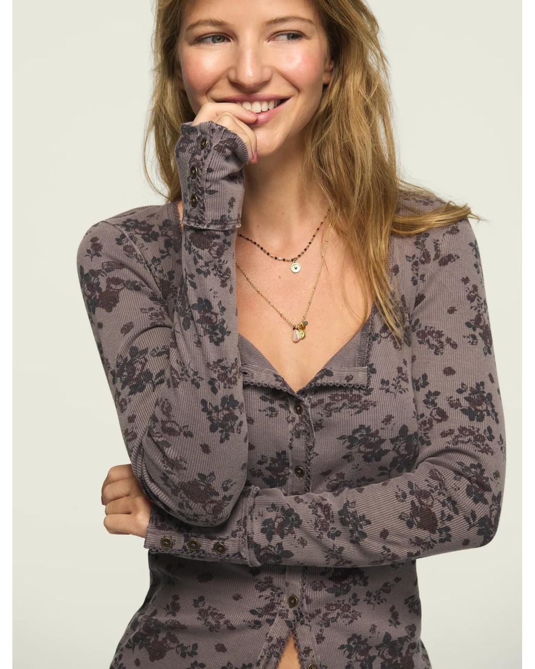Lucky Brand Gray Printed Button Through Top