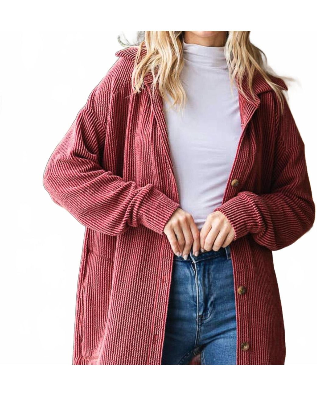 7Th Ray Red Rib Button Down Side Pocket Shacket