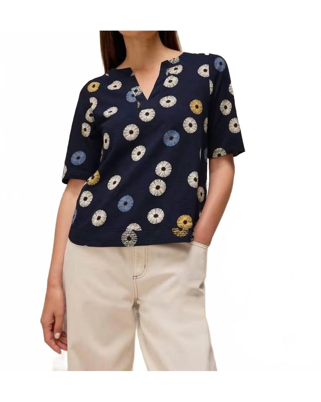 White Stuff Blue Weaver Notch Neck Top