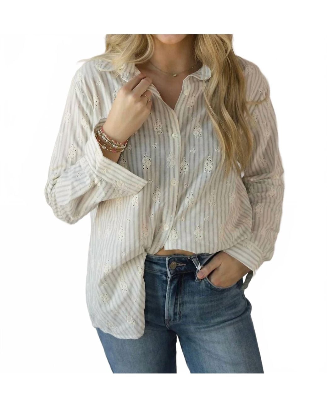 Easel Lizzie Eyelet Stripe Button Up Shirt in Gray | Lyst