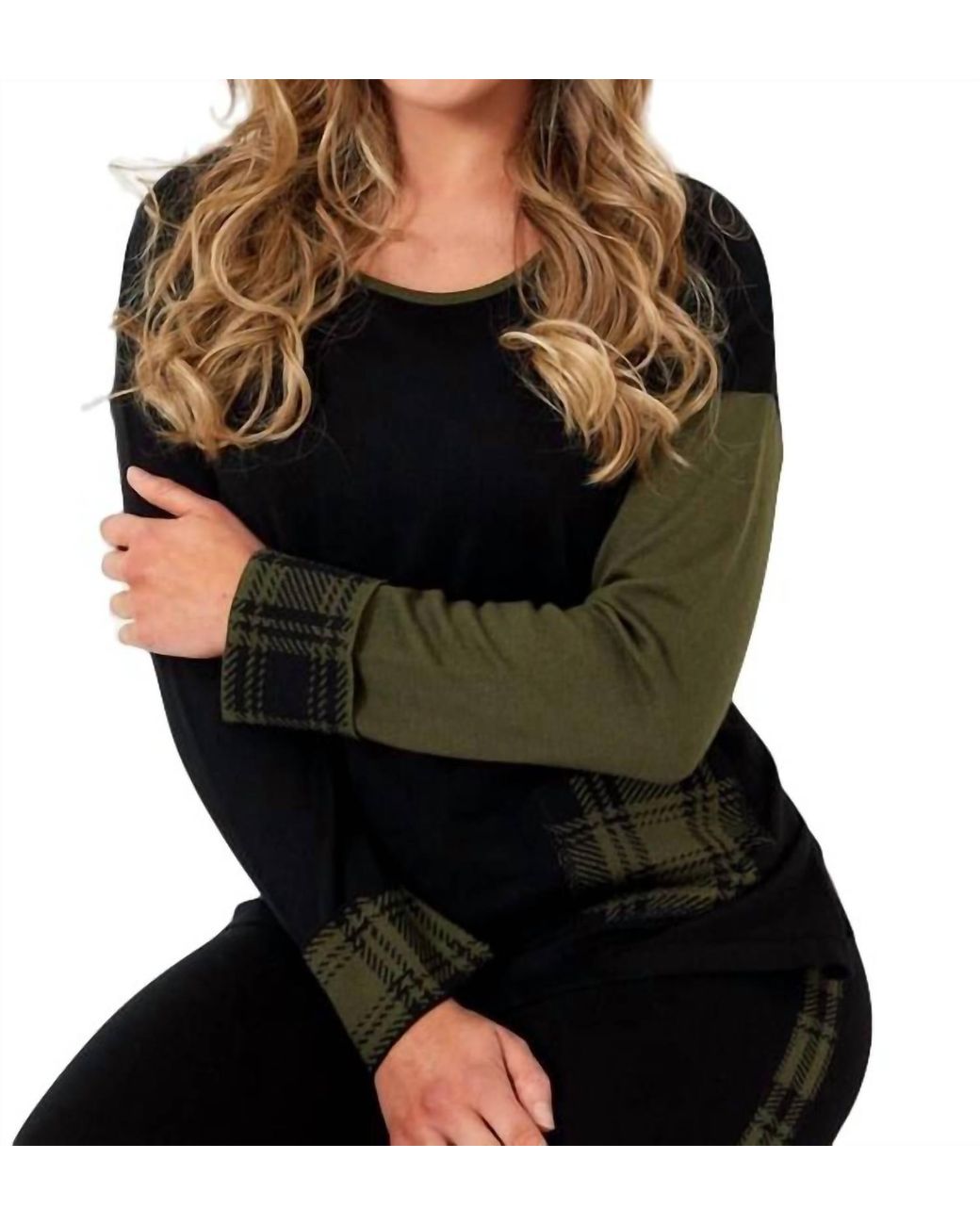 Angel Black Plaid Accent Crew Neck Pullover