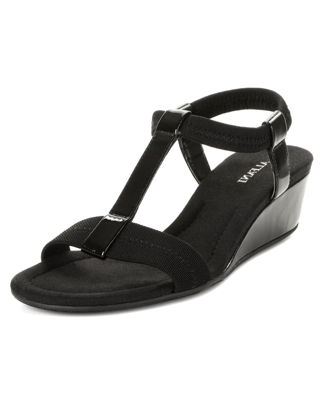 Alfani Voyage Faux Leather T Strap Wedge Sandals in Black | Lyst