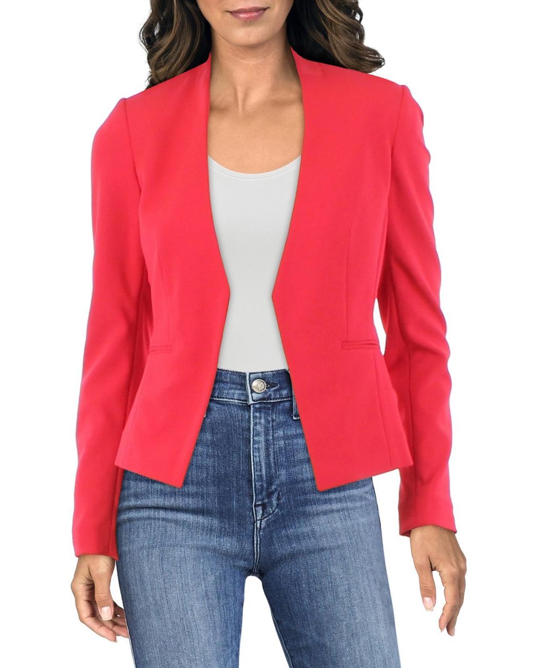 Calvin Klein Petites Open Front Suit Separate Collarless Blazer in Red ...