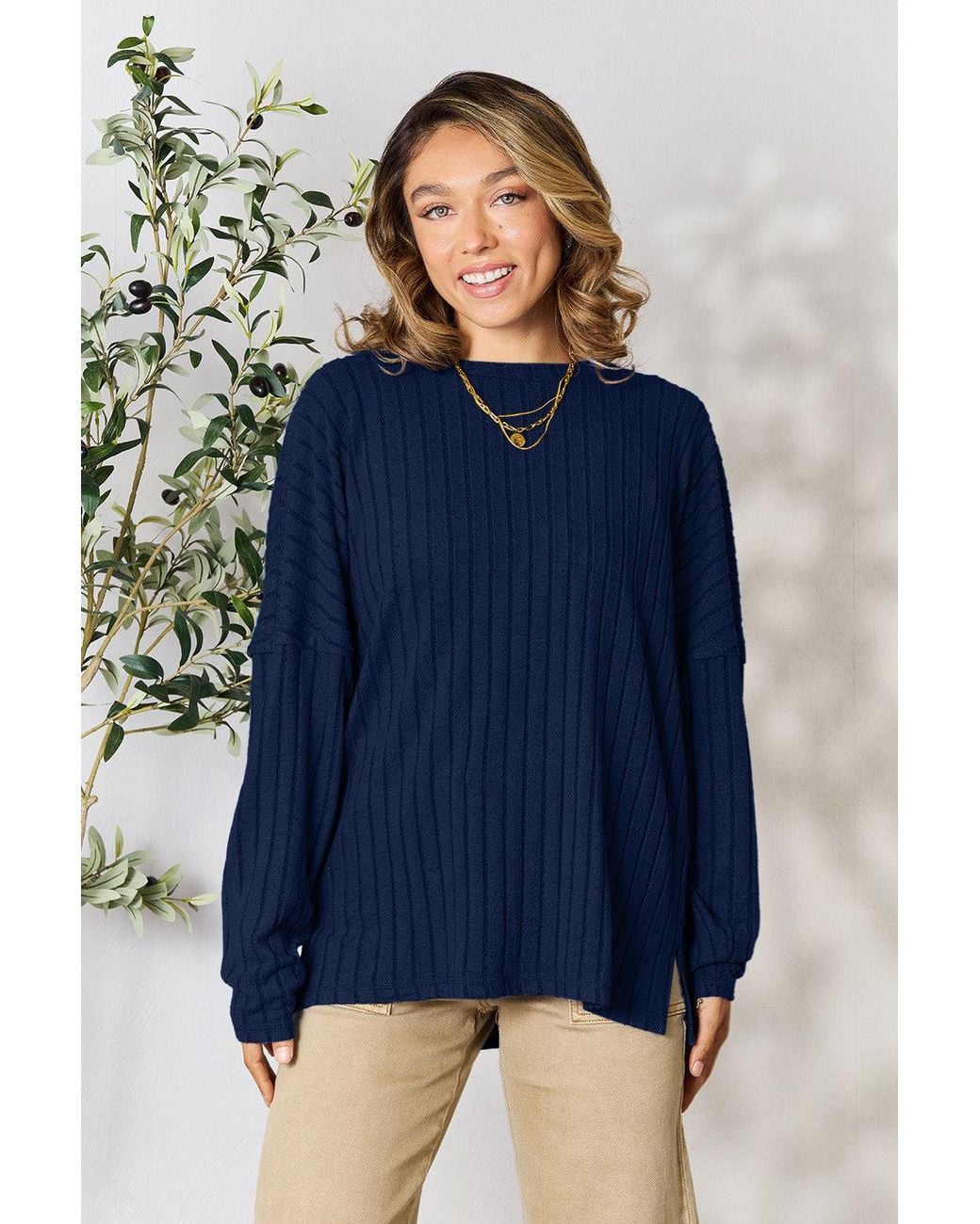 TRUEDAMES Blue Basic Bae Full Size Ribbed Round Neck Slit Knit Top