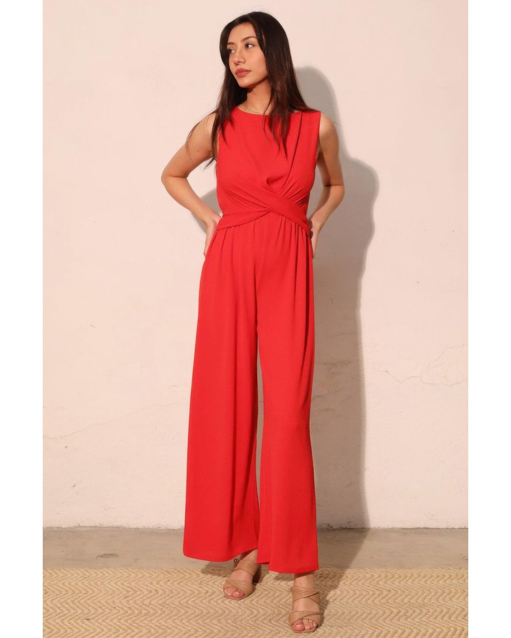 TRUEDAMES Textured Solid Twist Front Jumpsuit