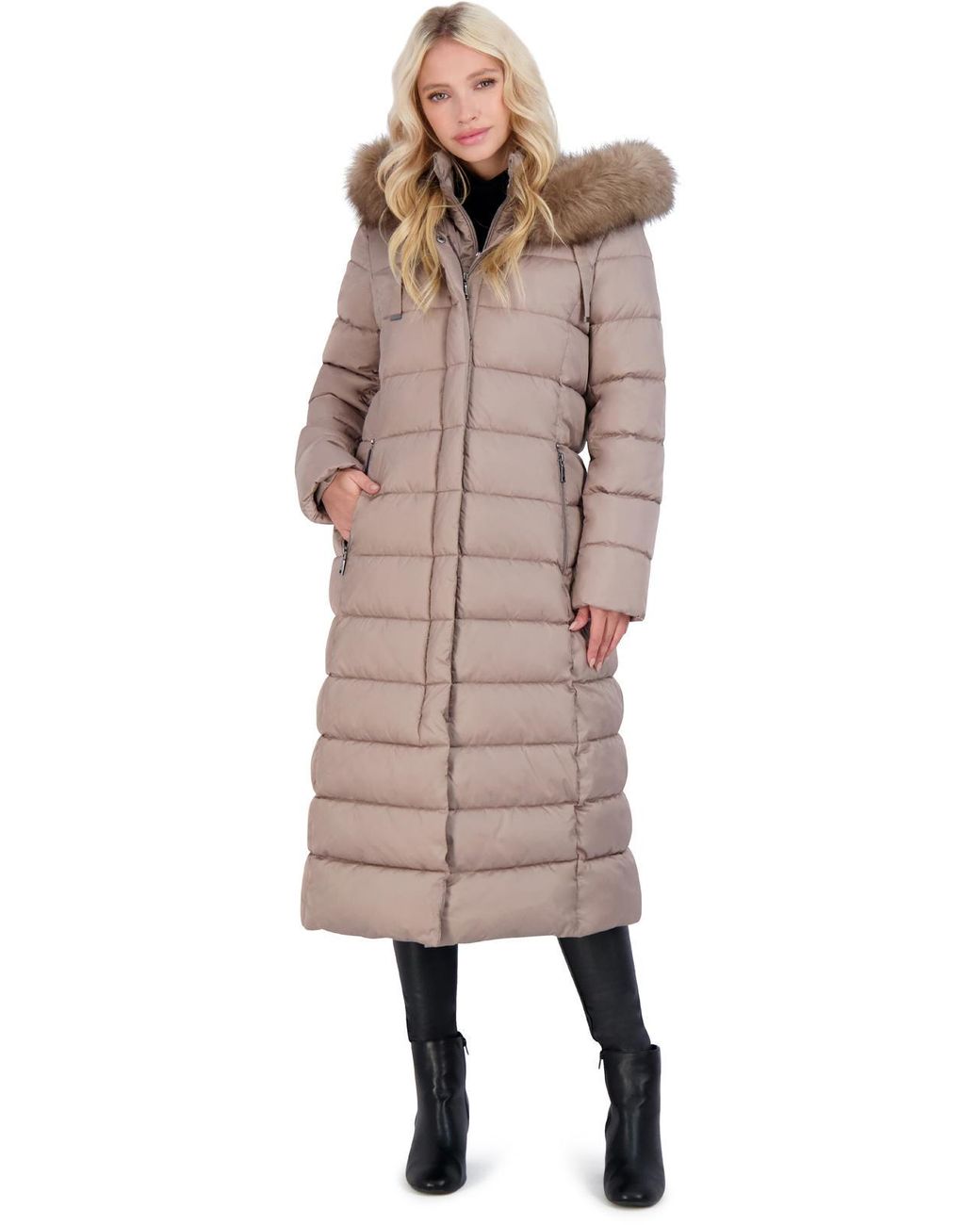 Tahari Nellie Long Polyester Puffer Coat in Natural | Lyst