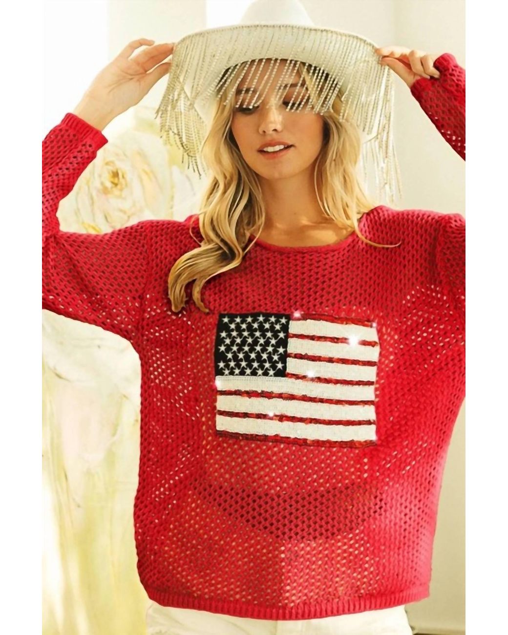 Bibi Red Sequin American Flag Patch Cover Up Tee