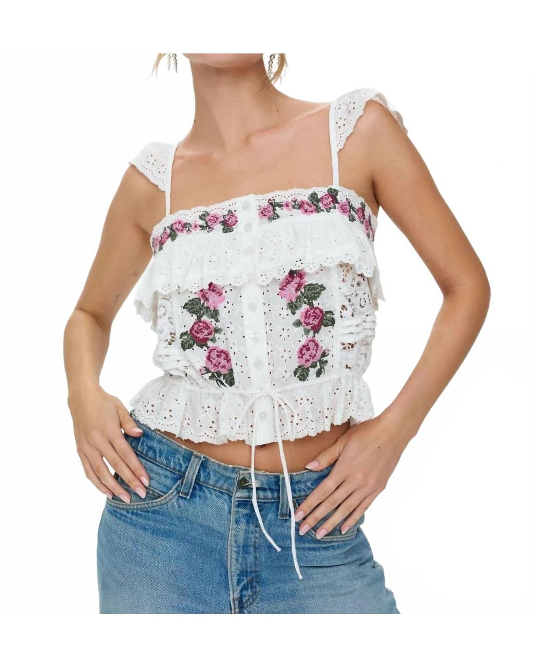 For Love & Lemons Kelly Embroidery Eyelet Top in White | Lyst