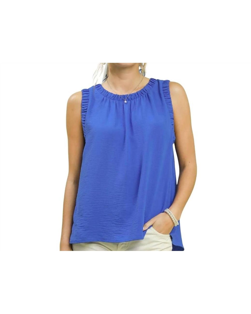 Umgee Blue Solid Ruffle Neck Sleeveless Top