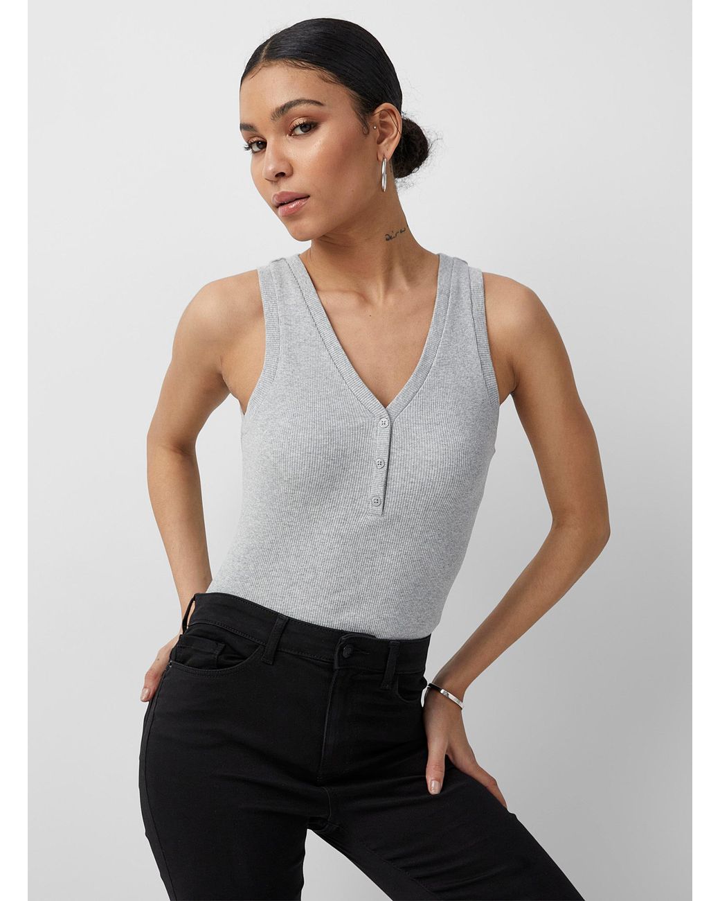 Icône Denim Ribbed Henley Bodysuit in 