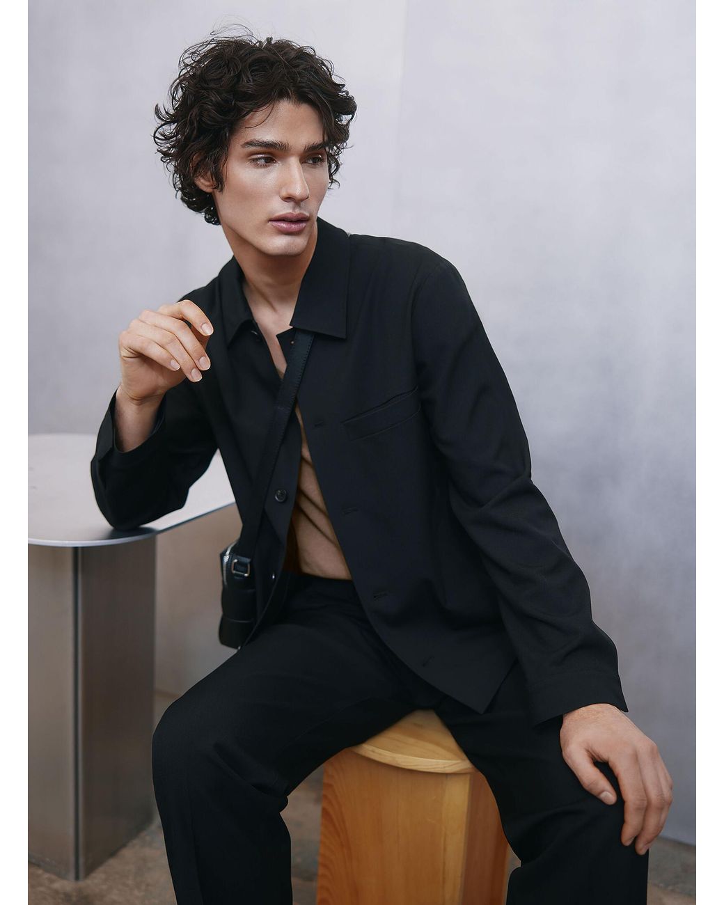 SELECTED Black Minimalist Soft Twill Shacket for men