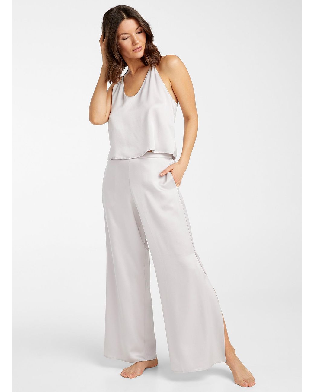 Lunya Long Pure Silk Pajama Set in Light Grey (Gray) Lyst