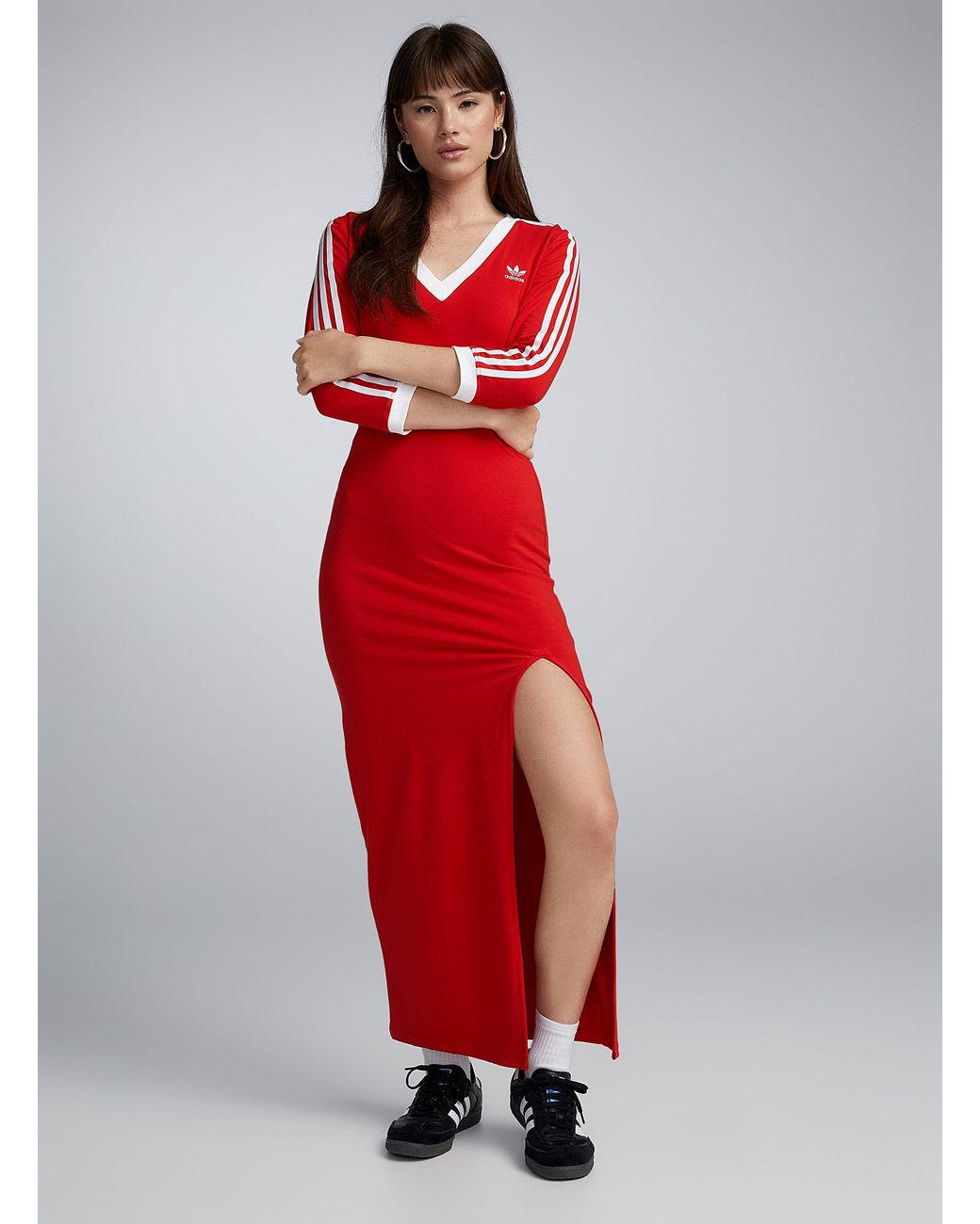 adidas Originals Three Stripes Red Maxi Dress Lyst