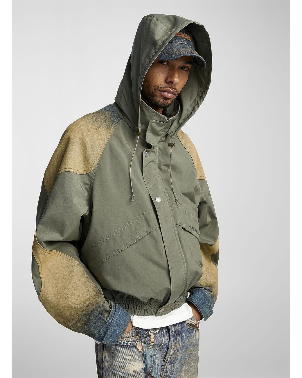 ジャケット・アウター acne studios windbreaker jacket 48 Acne Studios Denim Blocks Windbreaker Jacket in Green for