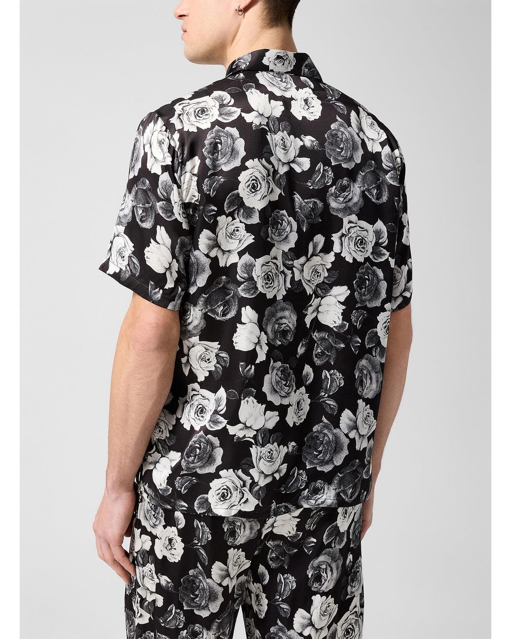 Ernest W. Baker Black Rose Print Silky Bowling Shirt for men