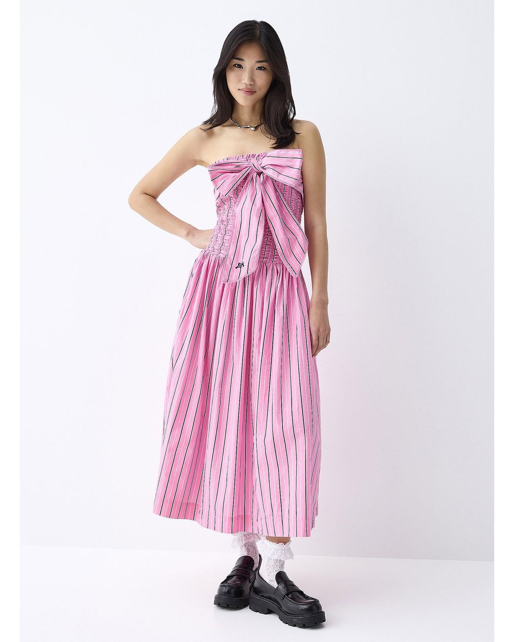 damson madder pink stripe dress Damson Madder - Rachel Ruffle Midi Dress- Pink Burg Stripe