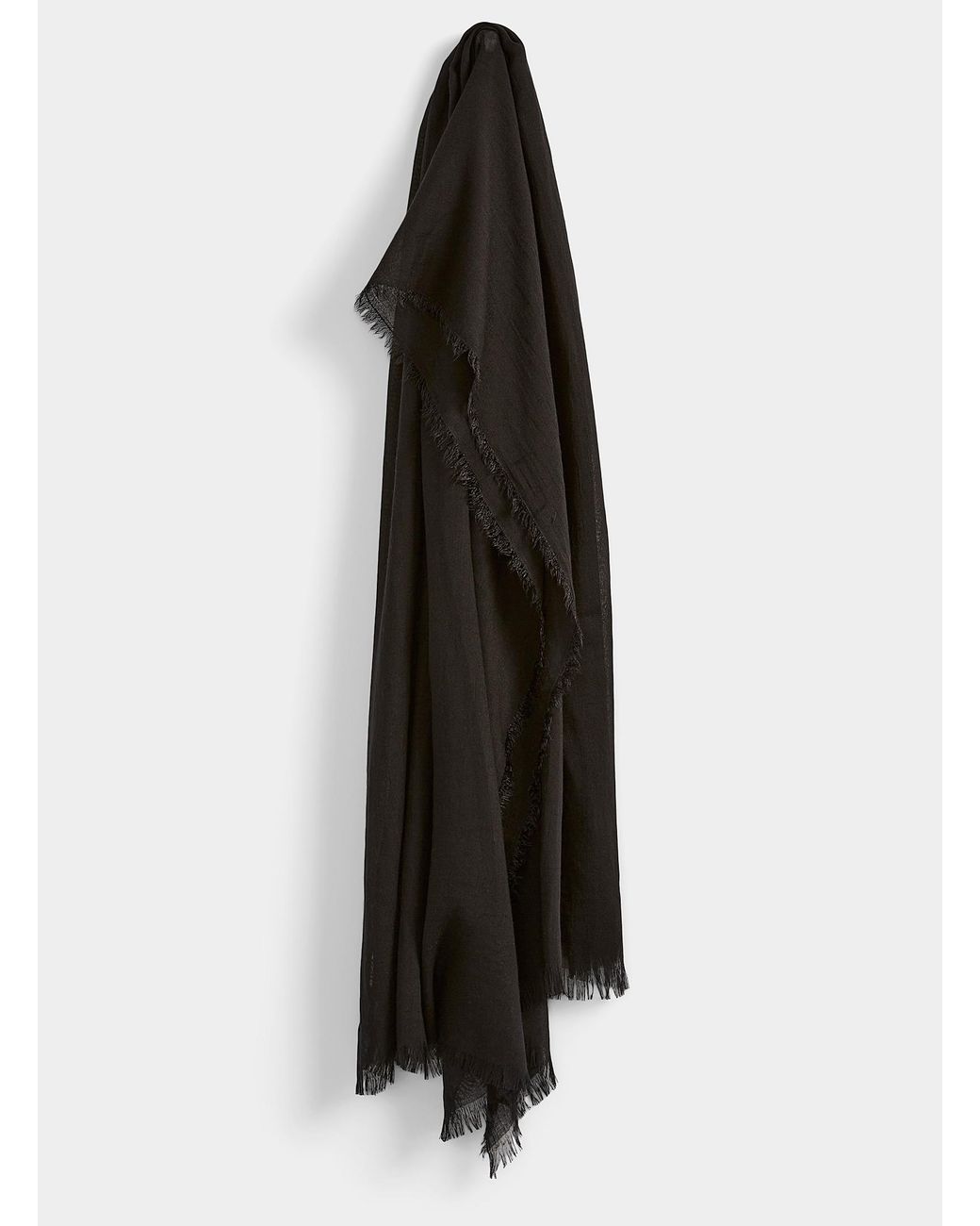 Simon's Black Thin Fringes Pleated Lightweight Scarf