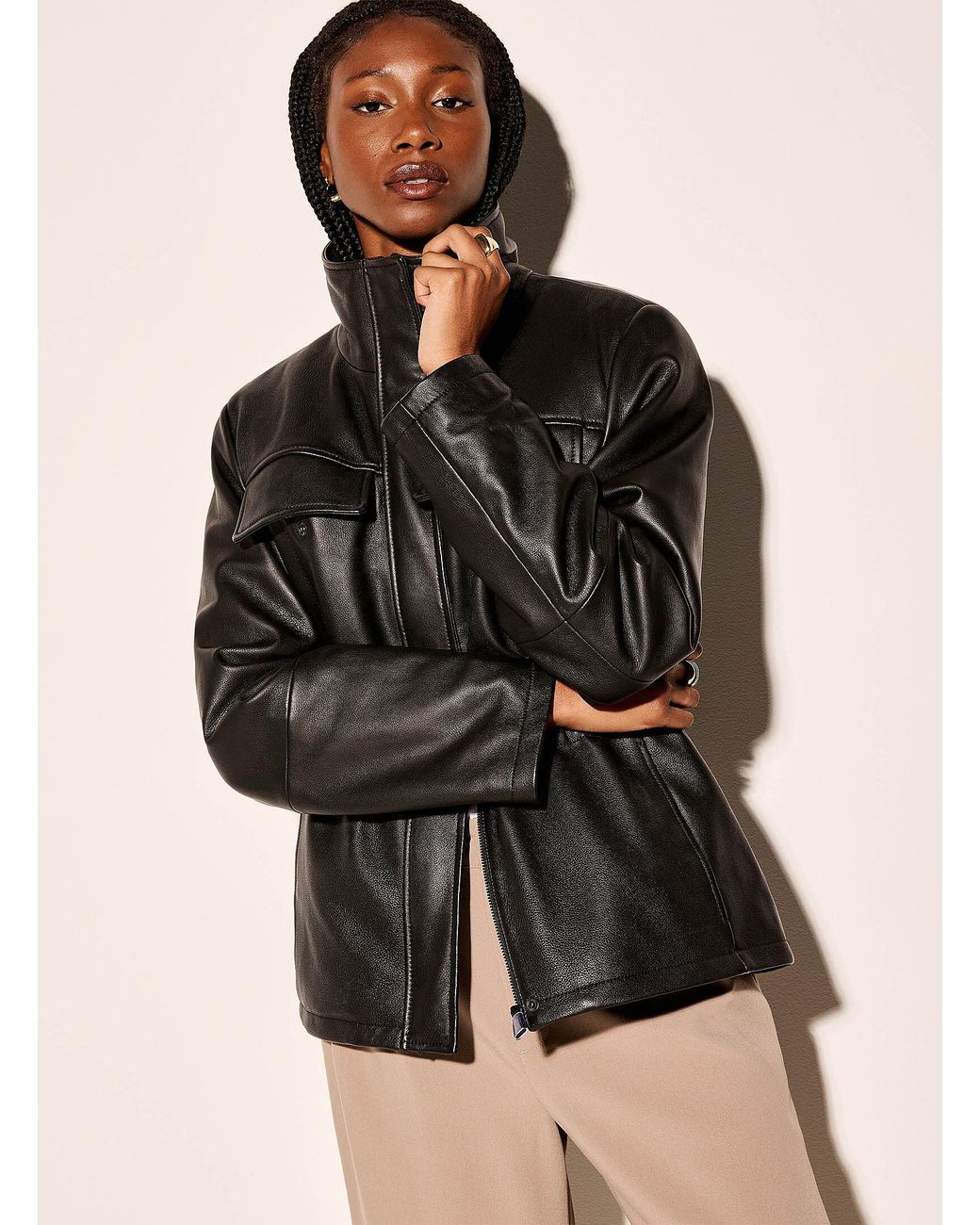 Lamarque Black Jules Stand Collar Leather Jacket