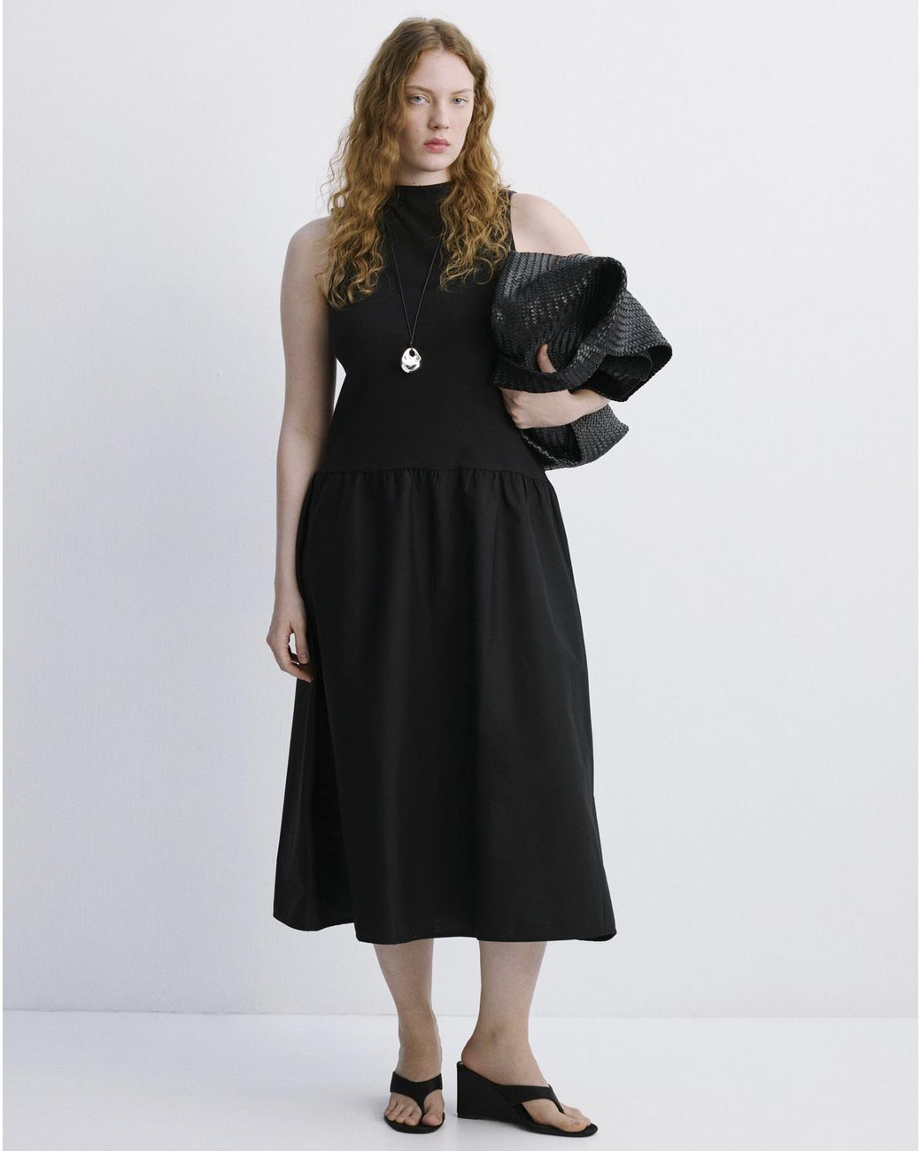 Mango Black Contrast-Bodice Dress