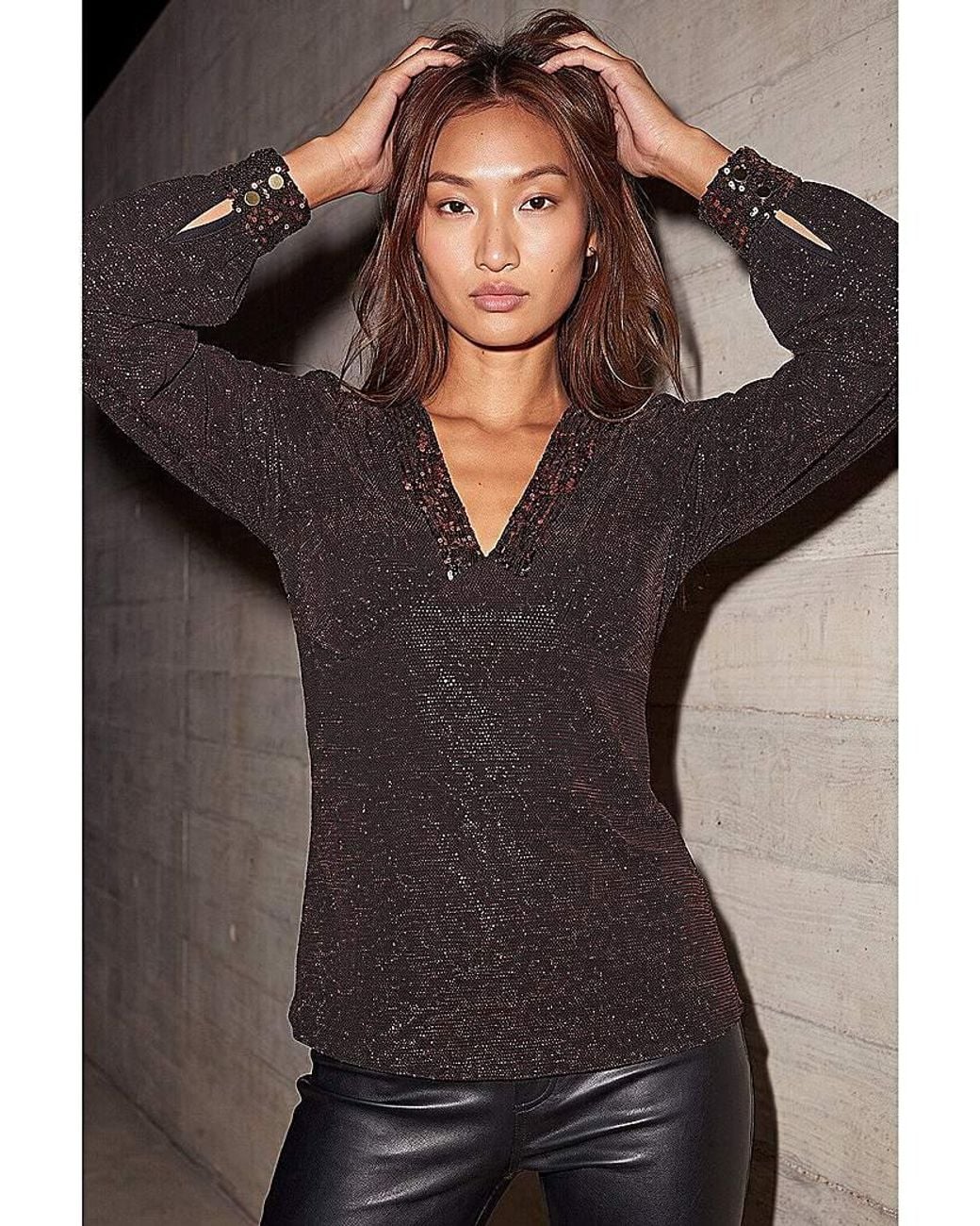 Roman Black Roman Shimmer Sequin V-Neck Top