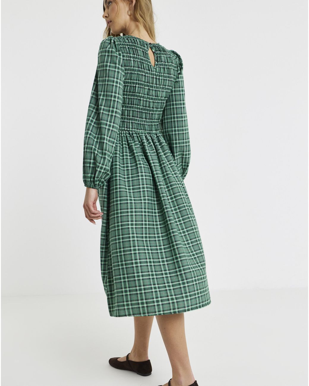 Simply Be Green Shirred Check Midi Dress