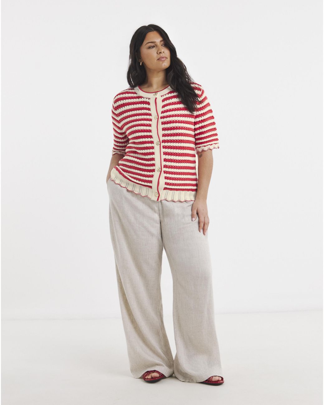 Simply Be Red Stripe Short Sleeve Frill Cardigan