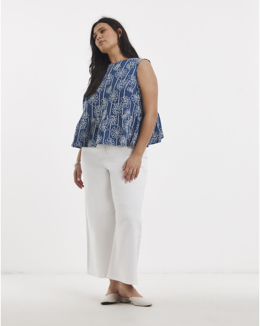 Simply Be Blue Floral Applique Denim Peplum Top