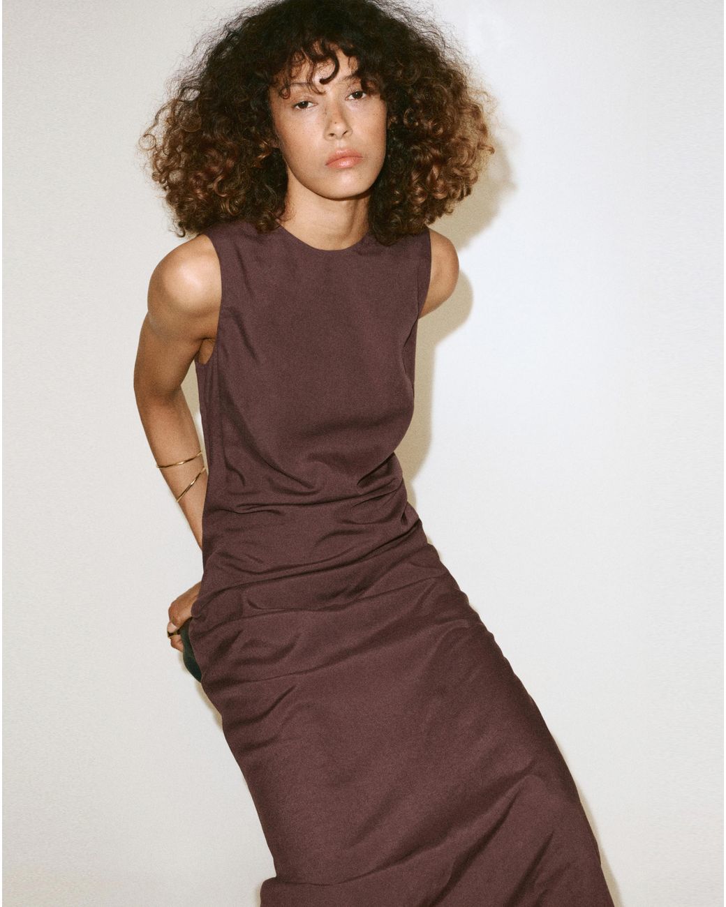 Mango Brown Side Ruched Dress With Tie Detail