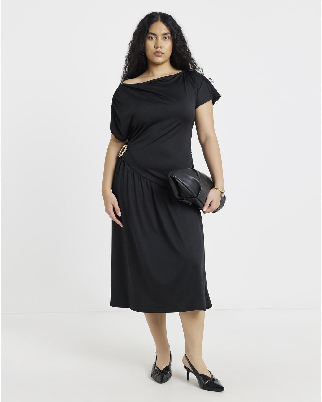 Simply Be Black Drape Midi Dress With Buckle Detail