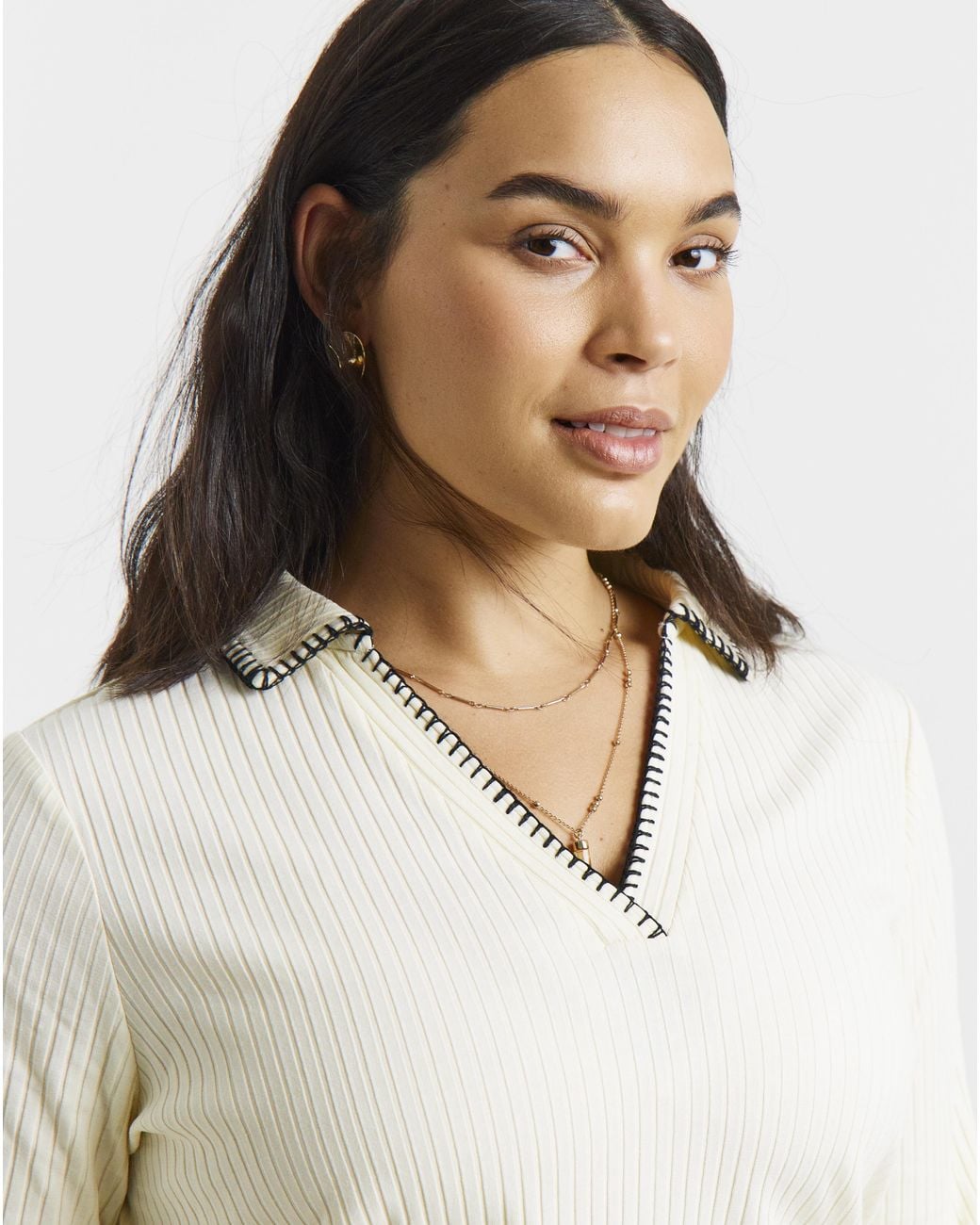 Simply Be White Rib Blanket Stitch Polo