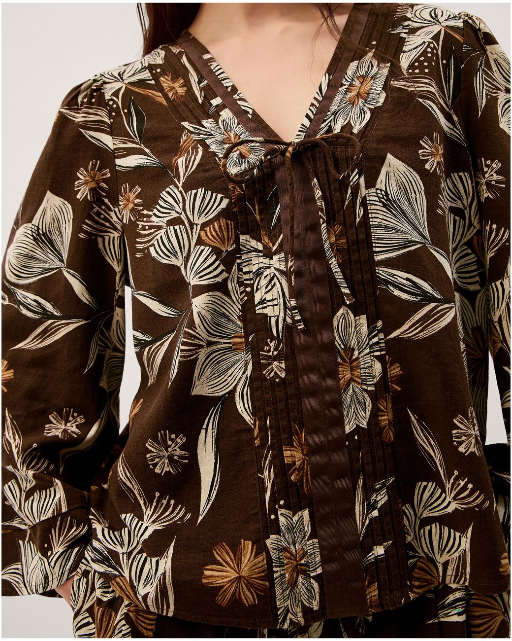 Monsoon Brown Esther Floral Linen Blend Top