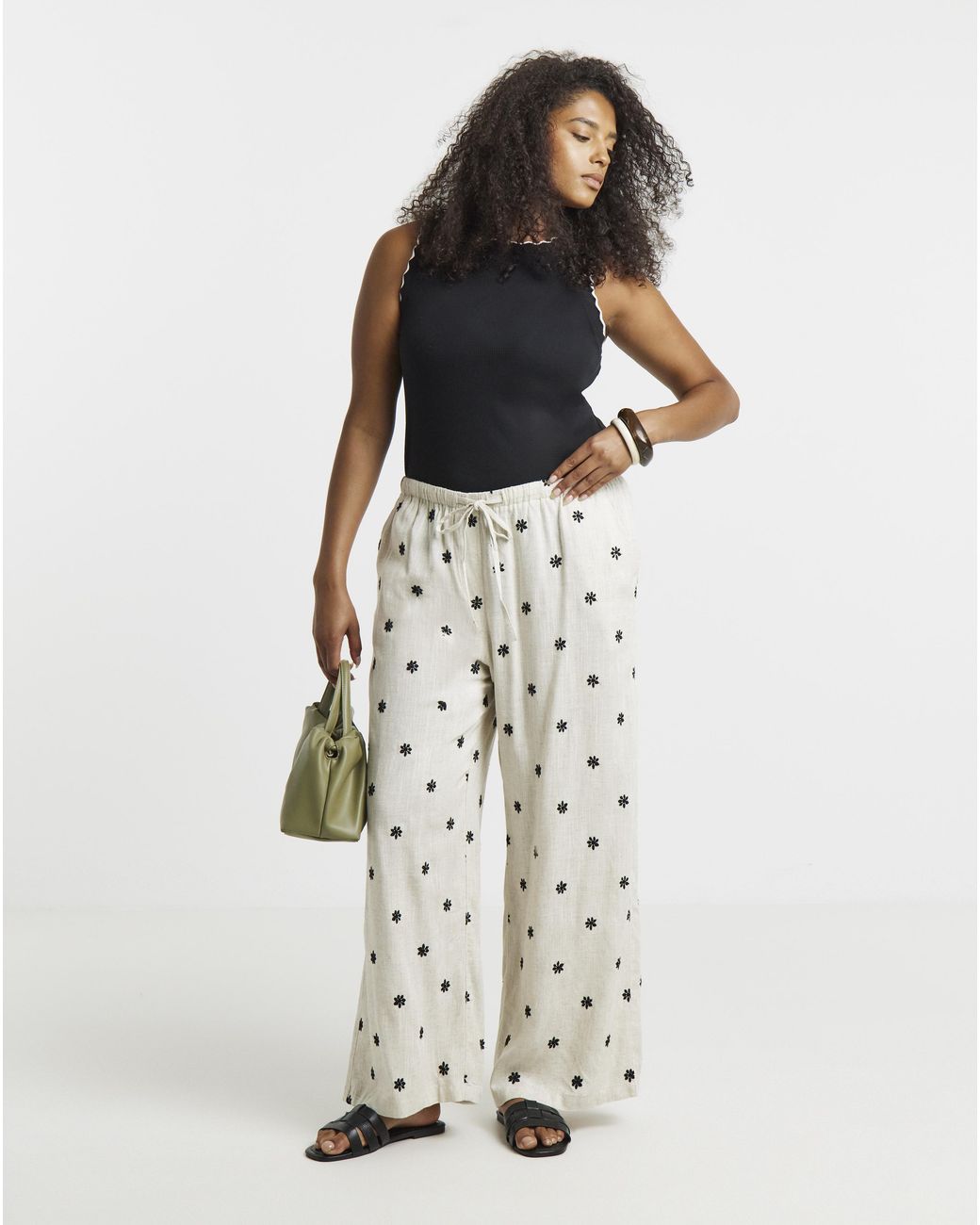 Simply Be White Daisy Embroidered Wide Trouser