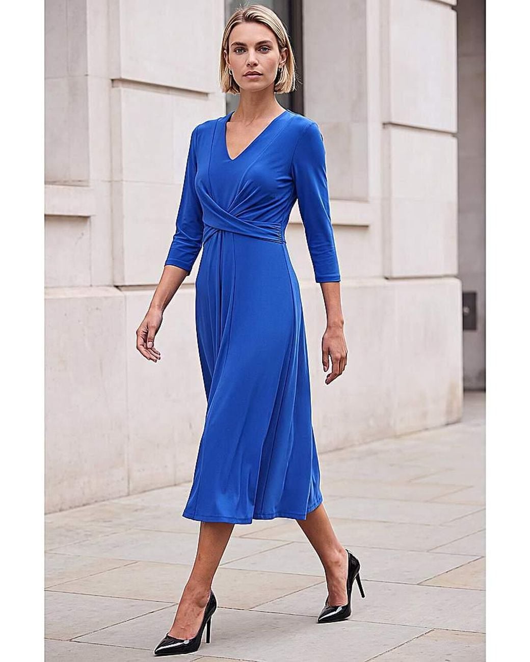 Roman Blue Roman Stretch Crossover Midi Dress