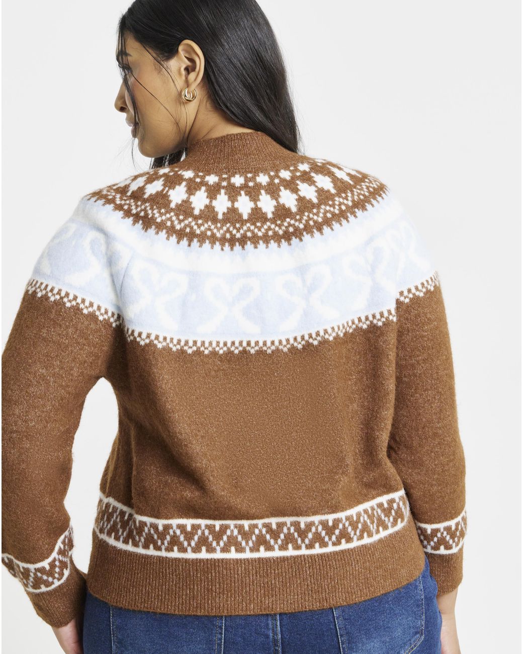 Simply Be Brown Fair Isle Crew Neck Cardigan