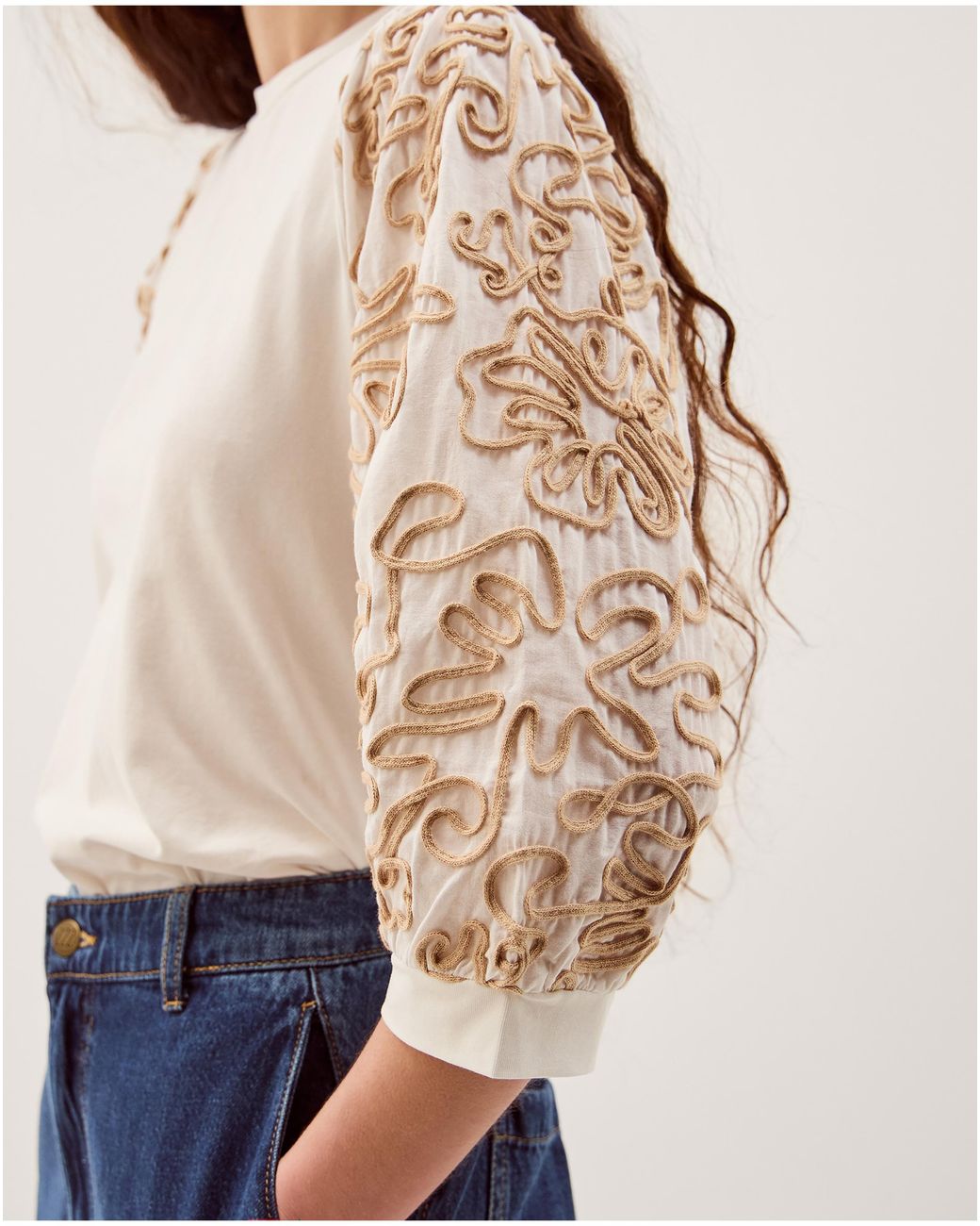 Monsoon Blue Freya Embroidered Sleeve Top