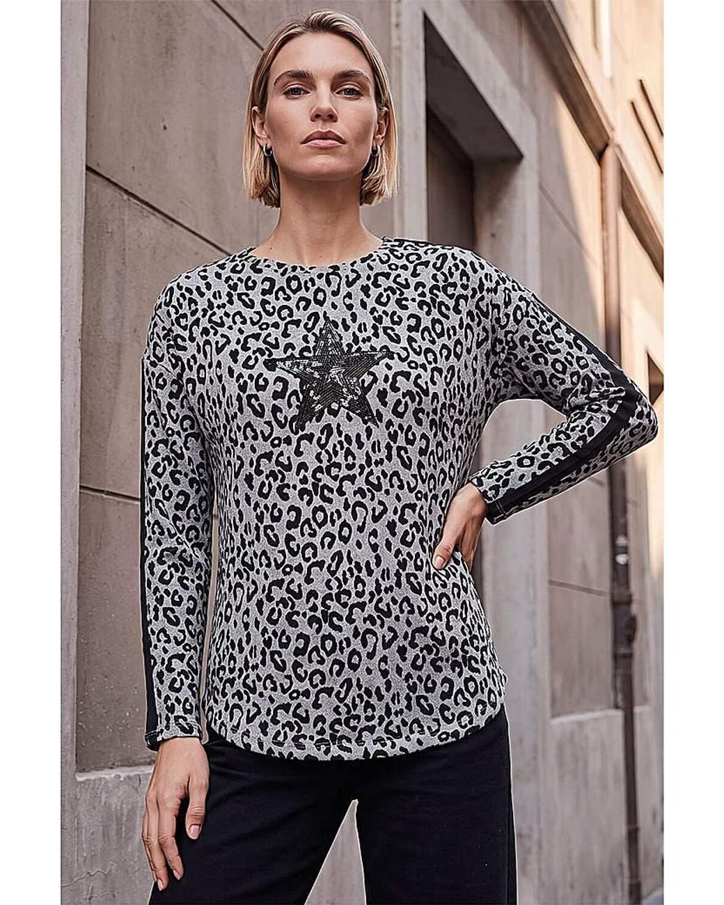 Roman Gray Roman Sequin Star Animal Print Top