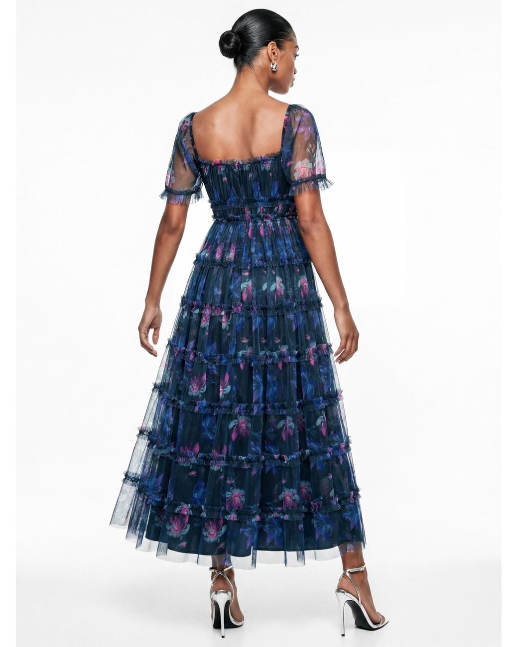 Anaya with love Blue Anaya Floral Print Tulle Midaxi Dress