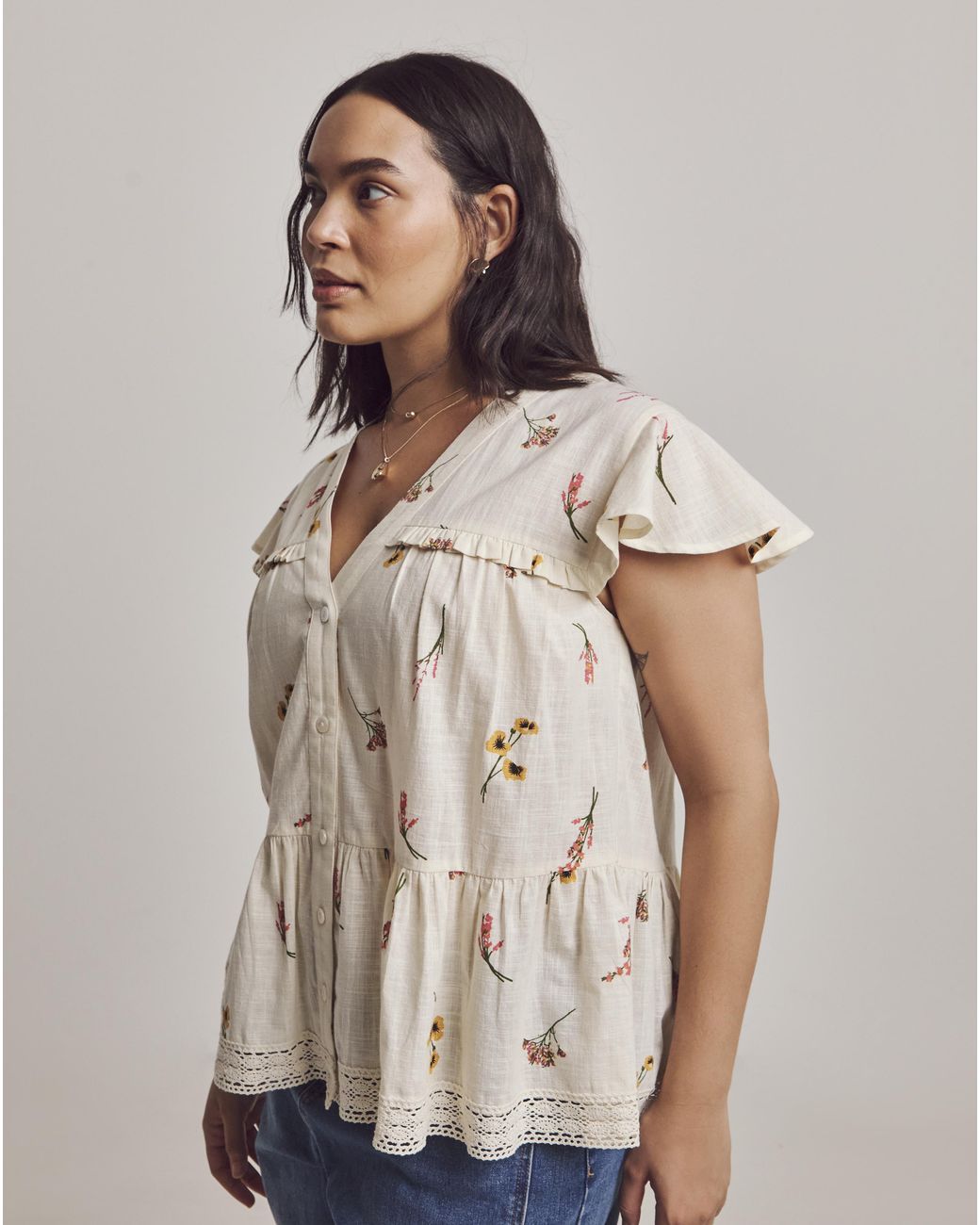 Julipa Brown Lace Trim Peplum Blouse