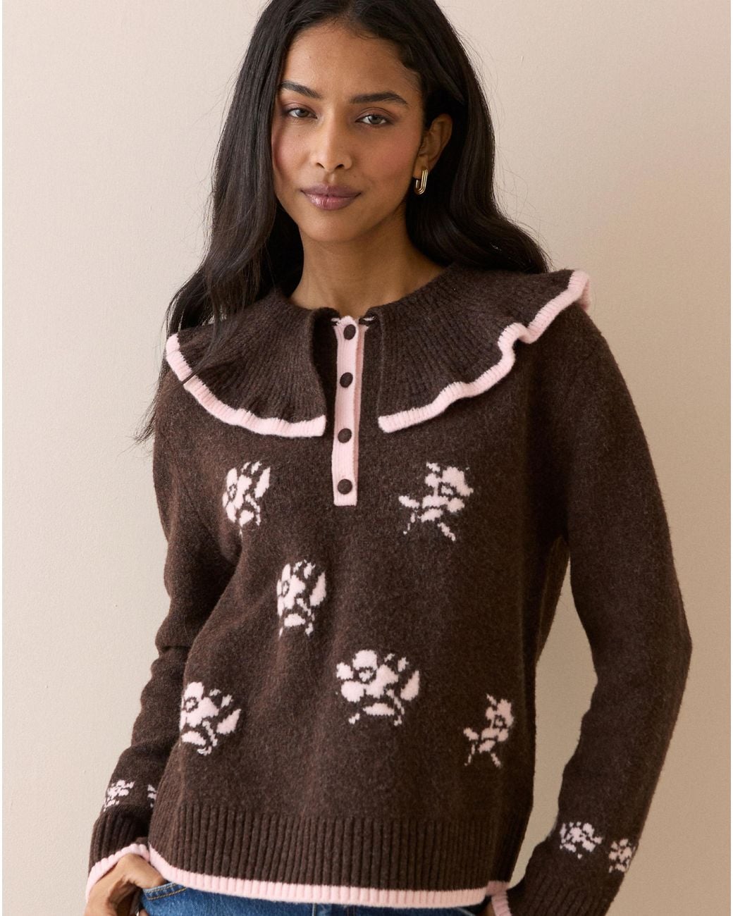 Nobody's Child Brown Floral Henley Jumper