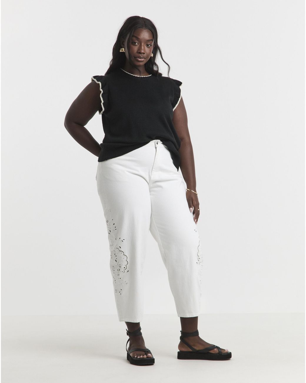 Simply Be White Sbe Broderie Detail Barrel Jeans