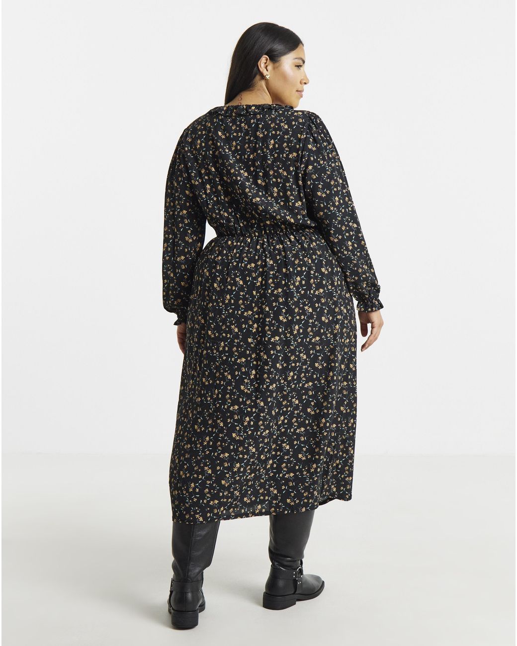 Simply Be Black Frill Neck Detail Midi Dress